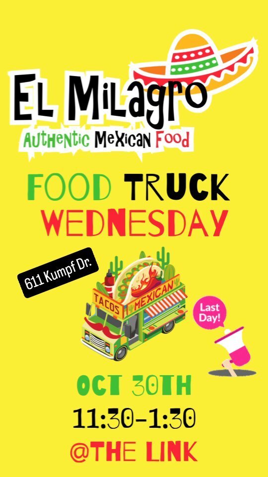 Today is The Link's final Food Truck Wednesday! Come down to 611 Kumpf Dr. from 11:30am-1:30pm and enjoy @elmilagrofood!! 

#kwfoodtrucks #foodtruck #lunchbreak #supportlocal #foodtruckwednesday #streetfood #lunchtime #tacos #goodfood